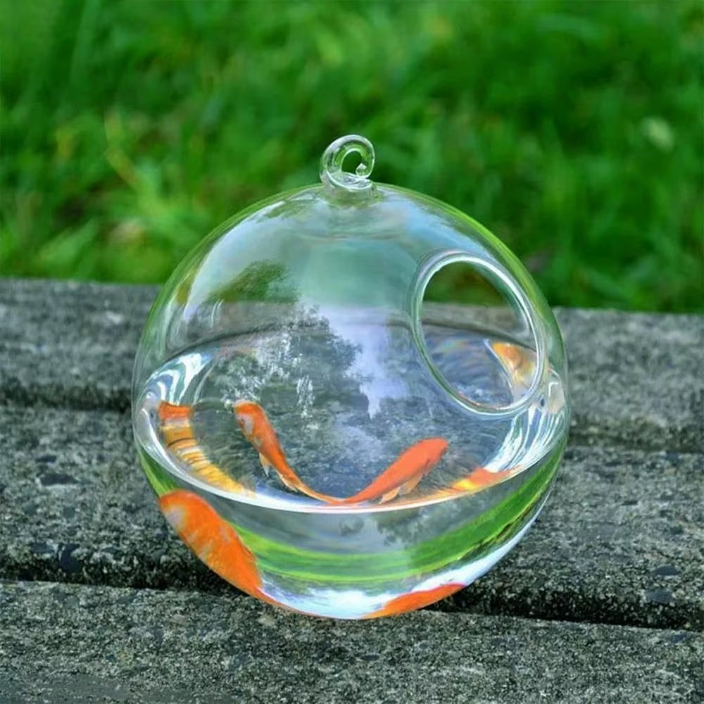 Round/Rectangle Shape Hanging Glass Aquarium Fish Tank Fish Bowl Transparent Vase Ornament with Rack Holder Home Decoration