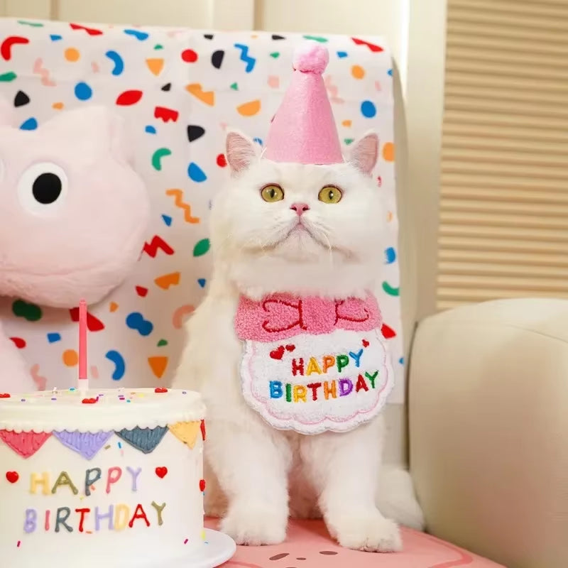 1Set Cute Puppy Kitten Birthday Hat and Scarf Dog Hat Scarf Pet Birthday Supplies Cat and Dog Accessories