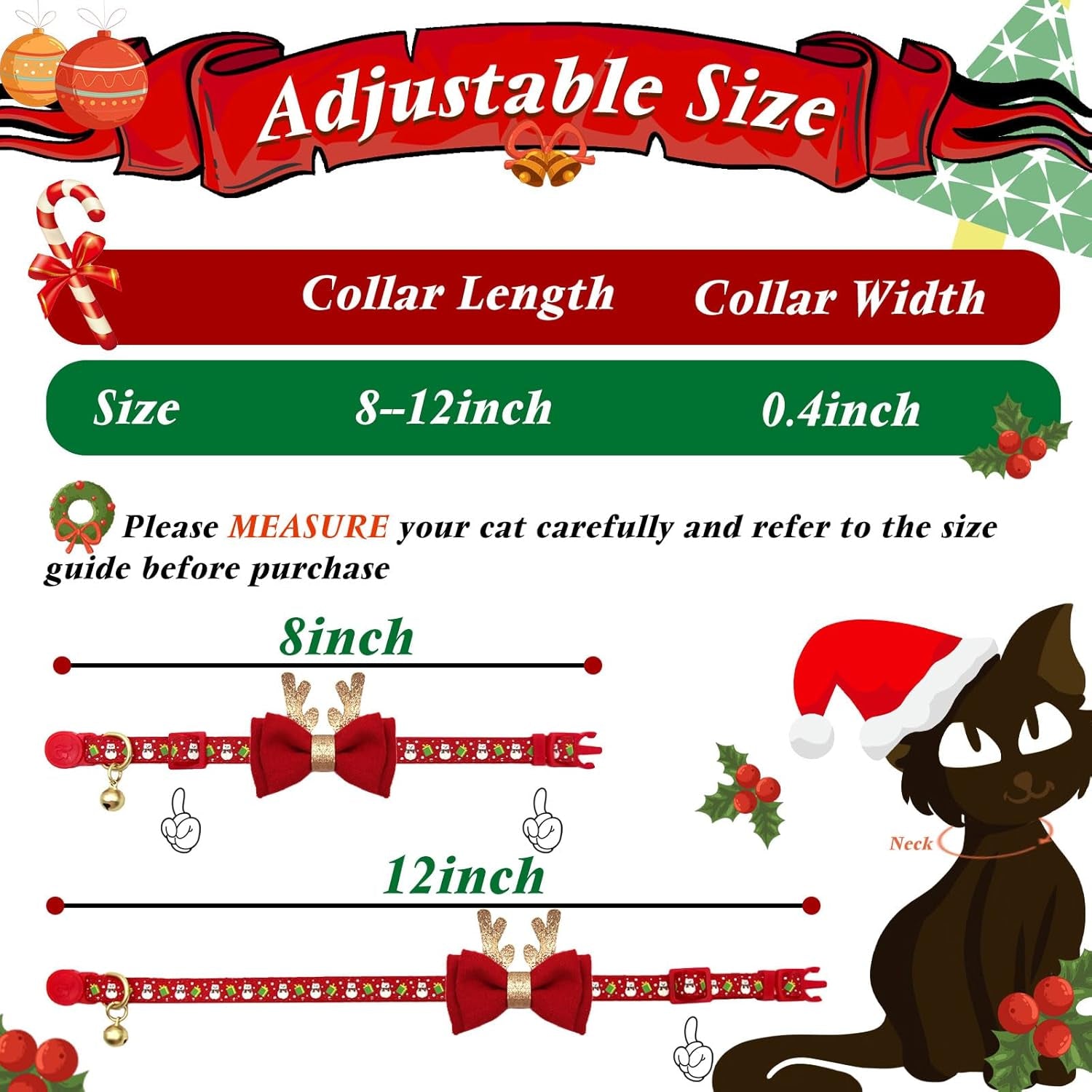 2 Pack Christmas Cat Collar with Bells Christmas Cat Bowtie with Christmas Tree and Santa Claus Pattern Xmas Breakaway Cat Collar Size Adjustable from 8